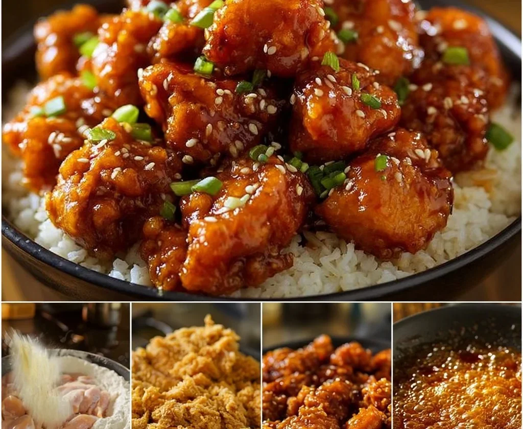 Pollo Generale Tso servito con riso e verdure in un piatto tradizionale cinese