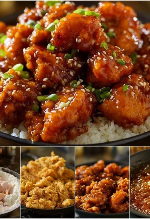 Pollo Generale Tso servito con riso e verdure in un piatto tradizionale cinese