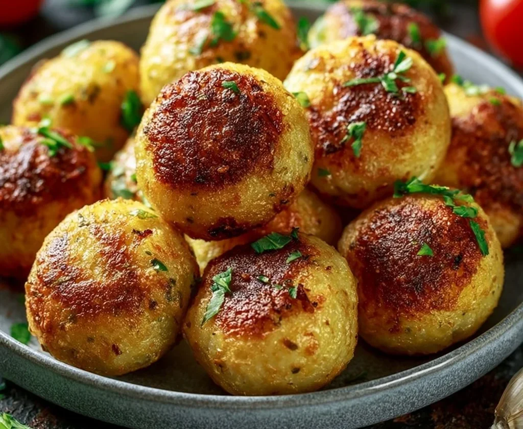 Polpette di melanzane pronte da servire con salsa di pomodoro.