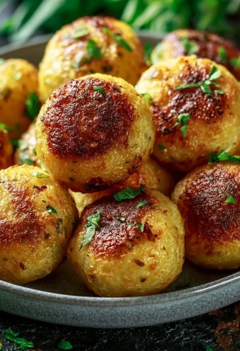 Polpette di melanzane pronte da servire con salsa di pomodoro.