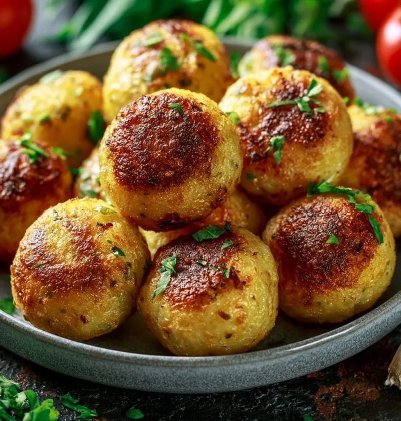 Polpette di melanzane pronte da servire con salsa di pomodoro.