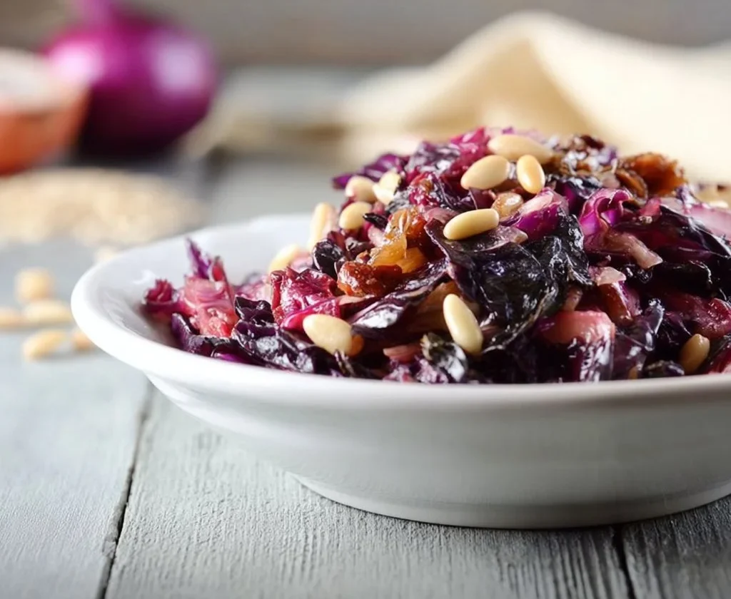 Radicchio saltato in padella con uvetta e pinoli