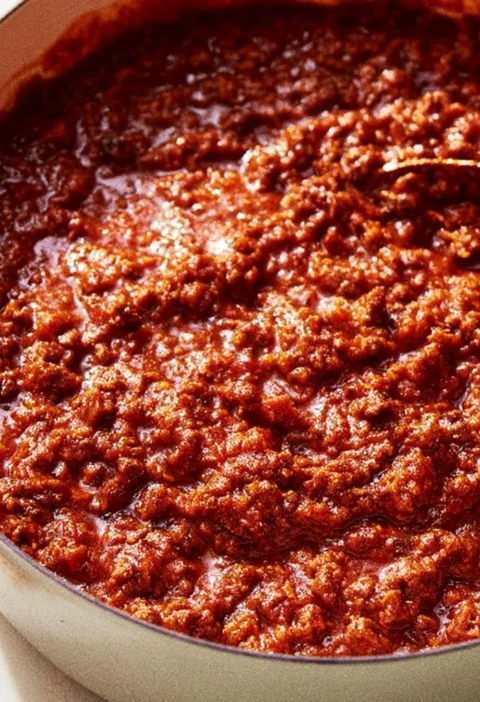 Piatto di ragù alla bolognese con pasta e guarnizione di parmigiano.