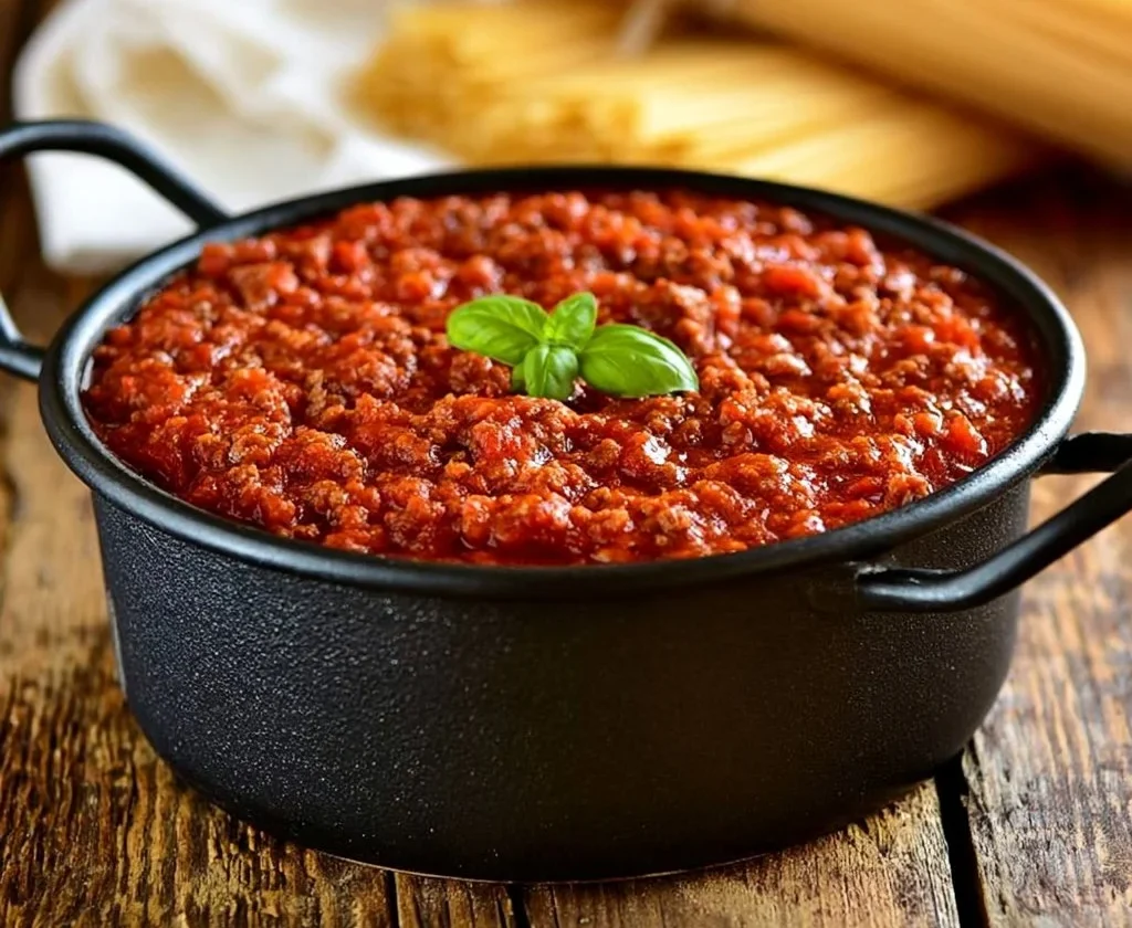 Ragù di carne semplice e perfetto servito con pasta fresca