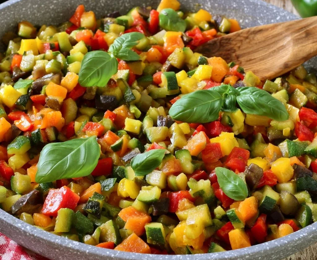 Ratatouille di verdure cucinato in padella con ingredienti freschi