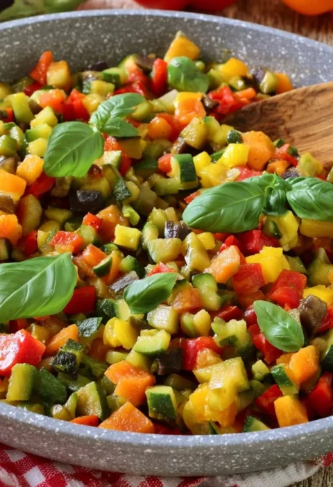 Ratatouille di verdure cucinato in padella con ingredienti freschi