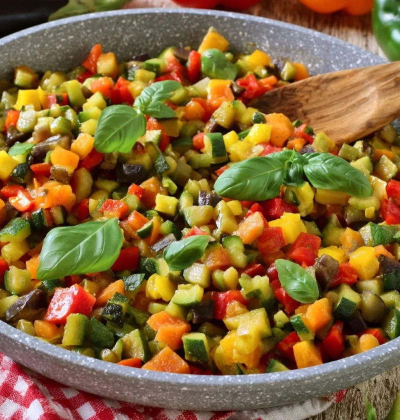 Ratatouille di verdure cucinato in padella con ingredienti freschi