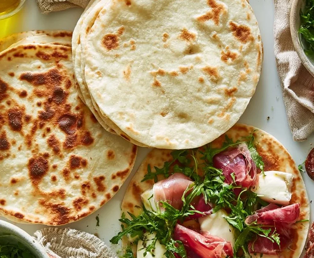 Piadina fatta in casa con formaggio e erbe, piatto tradizionale italiano
