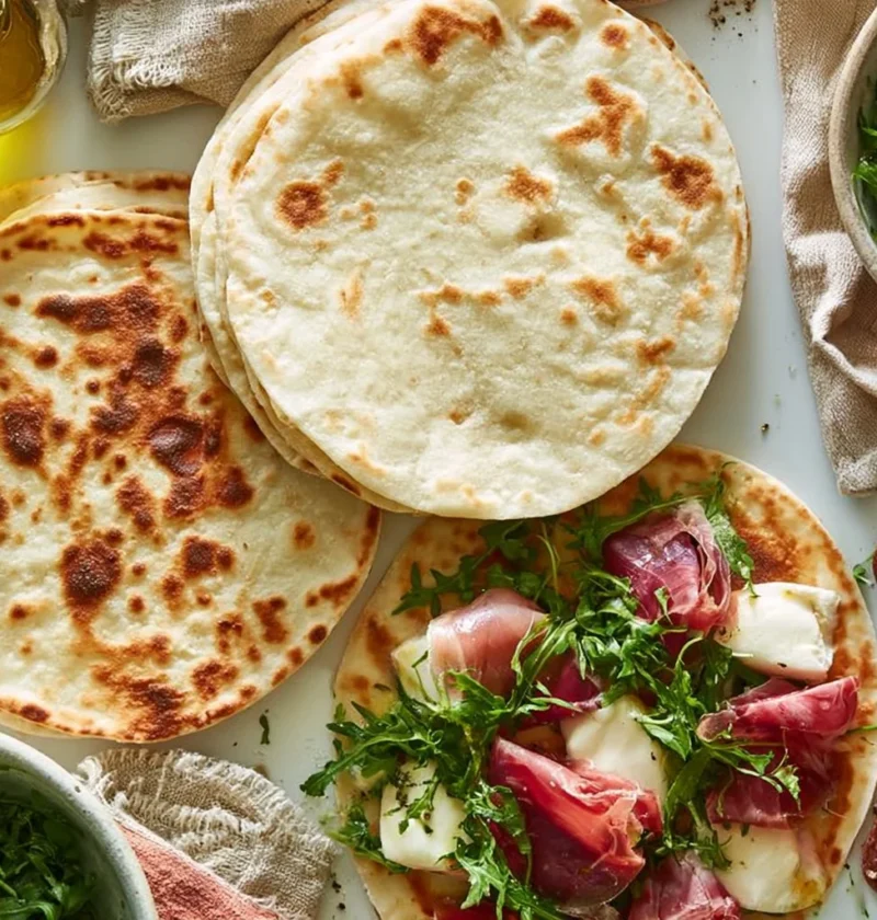 Piadina fatta in casa con formaggio e erbe, piatto tradizionale italiano