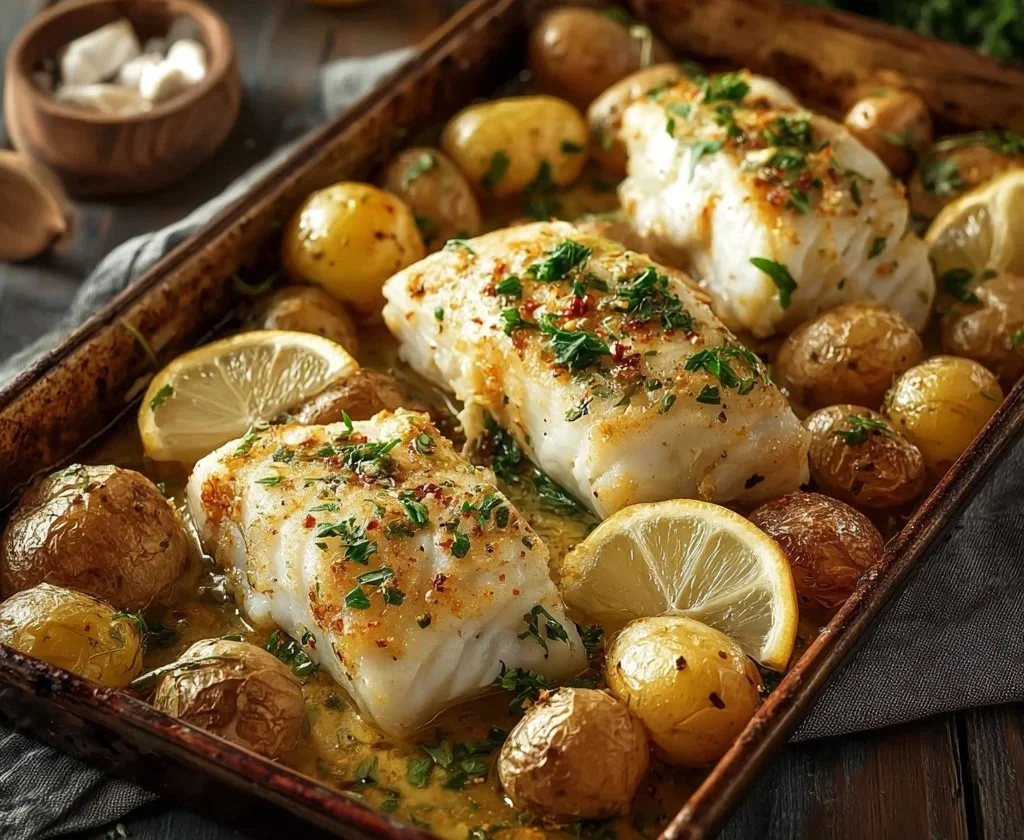 Piatto di pesce all'aglio con patate al forno, ricetta appetitosa.