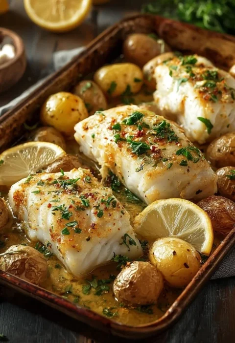 Piatto di pesce all'aglio con patate al forno, ricetta appetitosa.