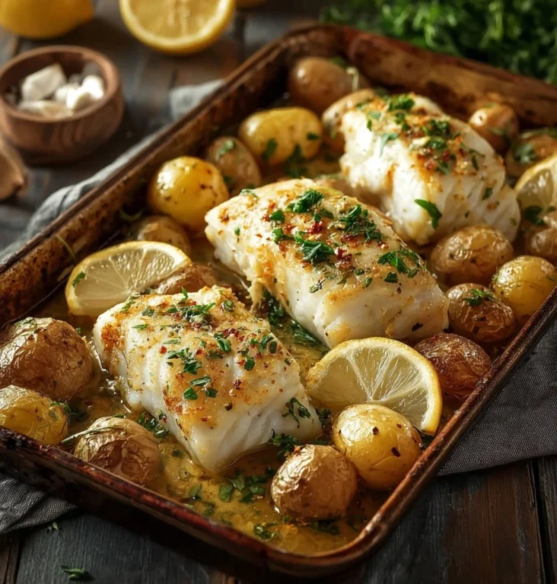 Piatto di pesce all'aglio con patate al forno, ricetta appetitosa.