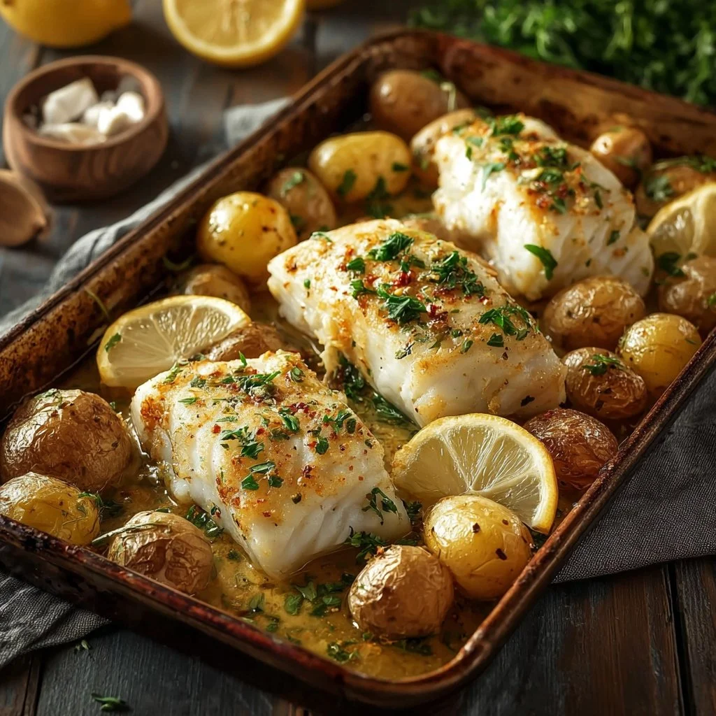Piatto di pesce all'aglio con patate al forno, ricetta appetitosa.