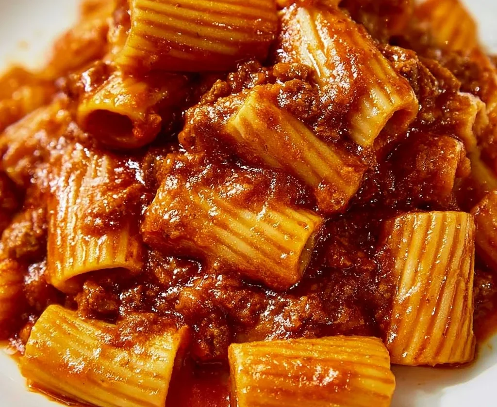 Piatto di Rigatoni alla sorrentina con sugo di pomodoro e mozzarella