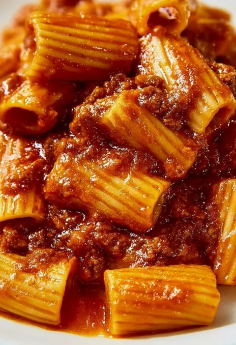 Piatto di Rigatoni alla sorrentina con sugo di pomodoro e mozzarella