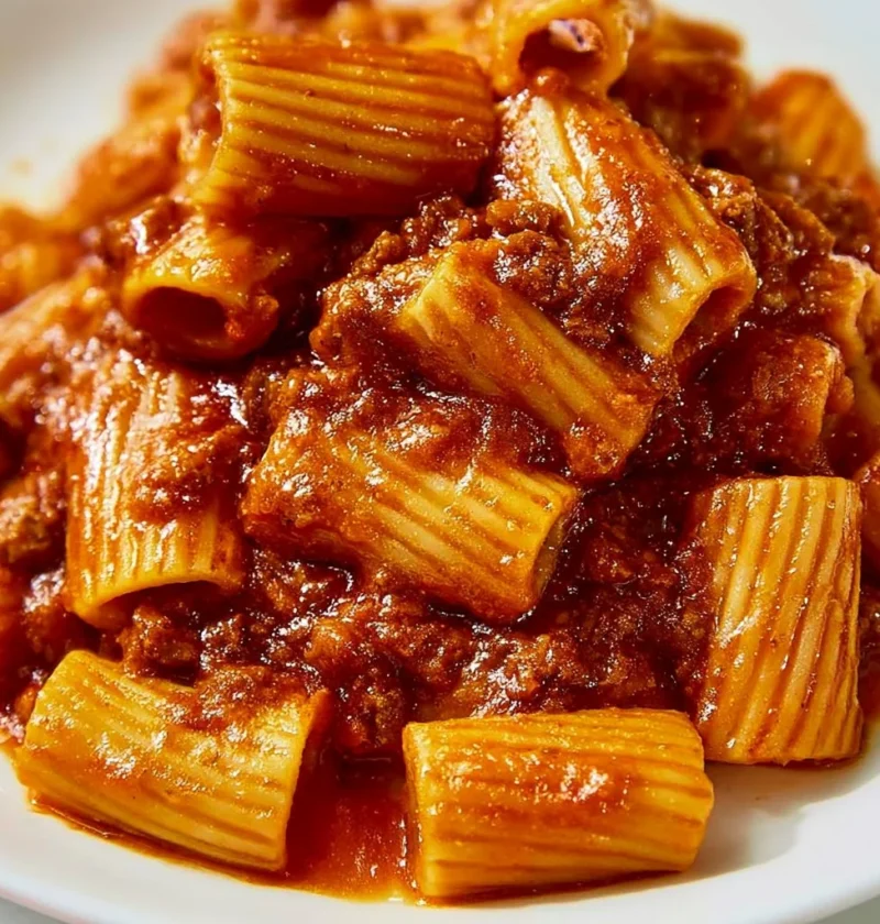 Piatto di Rigatoni alla sorrentina con sugo di pomodoro e mozzarella