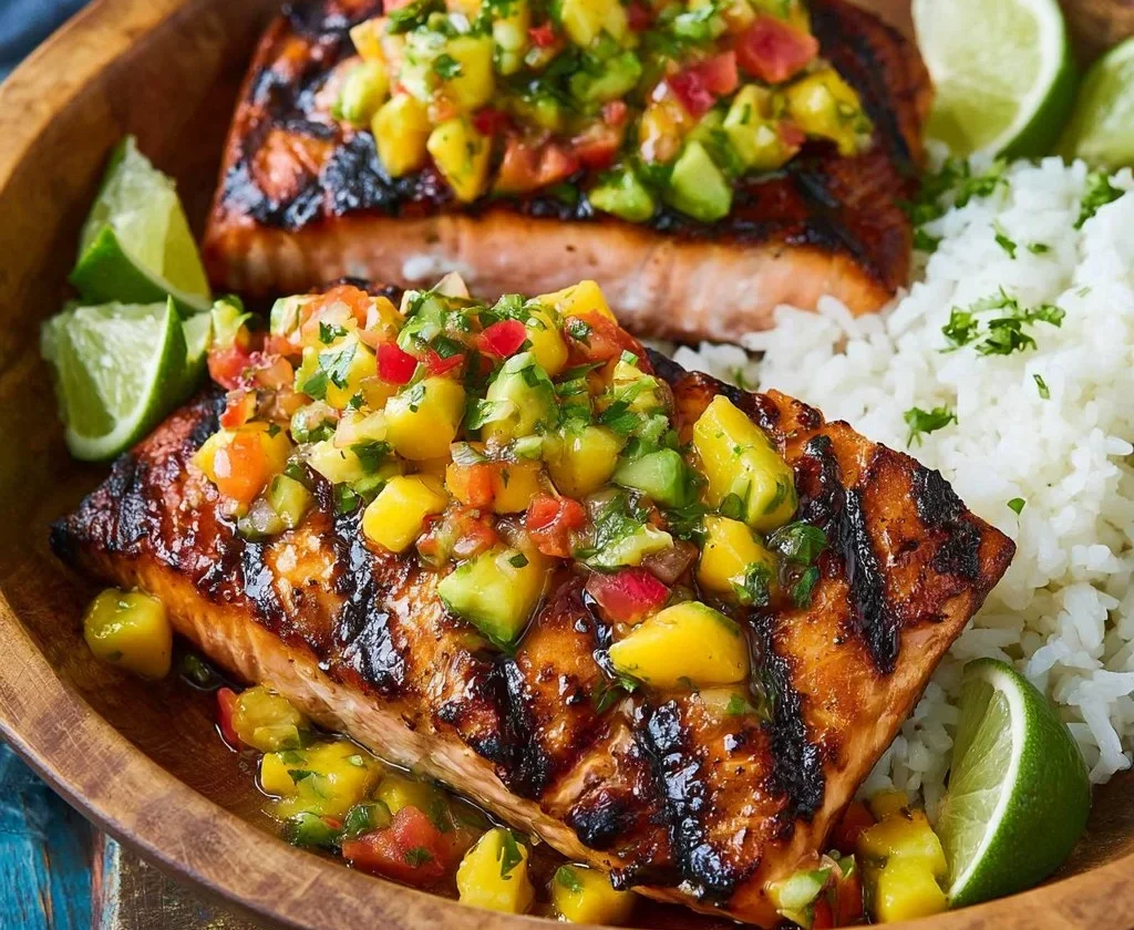 Salmone alla Griglia con Salsa di Mango e Riso al Cocco