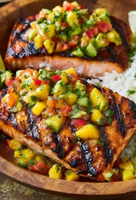 Salmone alla Griglia con Salsa di Mango e Riso al Cocco