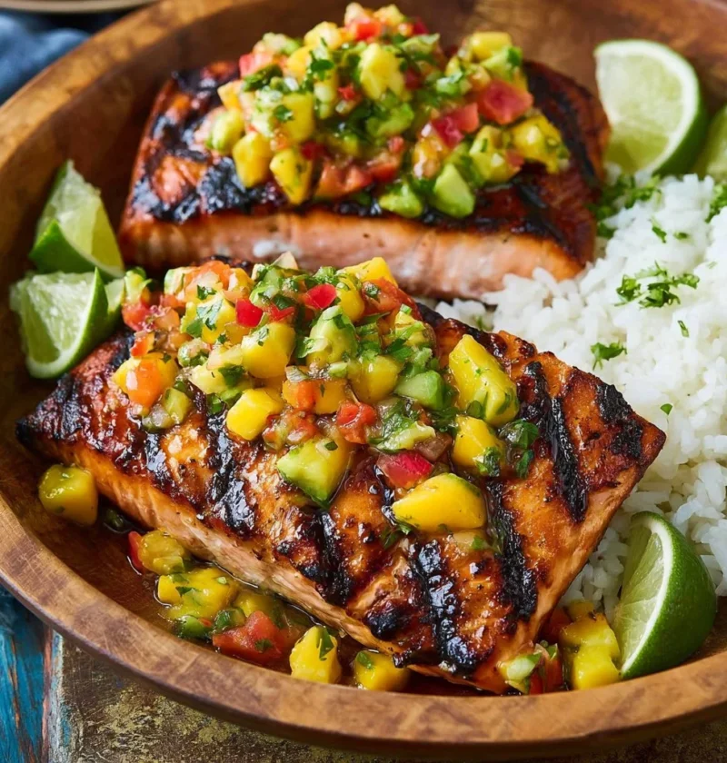 Salmone alla Griglia con Salsa di Mango e Riso al Cocco