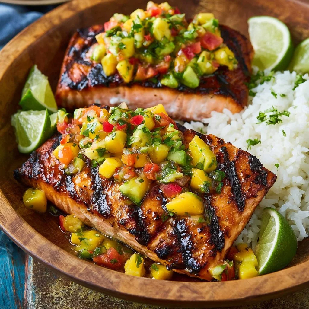Salmone alla Griglia con Salsa di Mango e Riso al Cocco