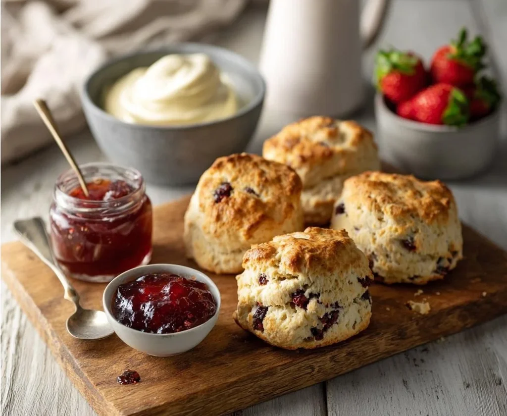 Scones morbidi appena sfornati con crema e marmellata