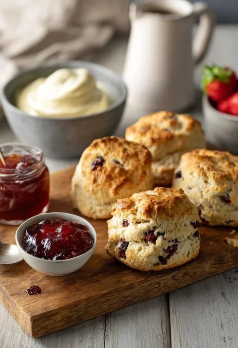 Scones morbidi appena sfornati con crema e marmellata