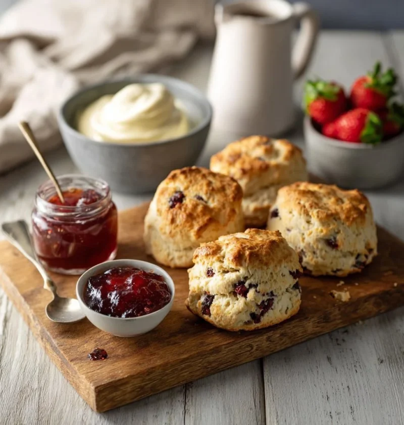 Scones morbidi appena sfornati con crema e marmellata