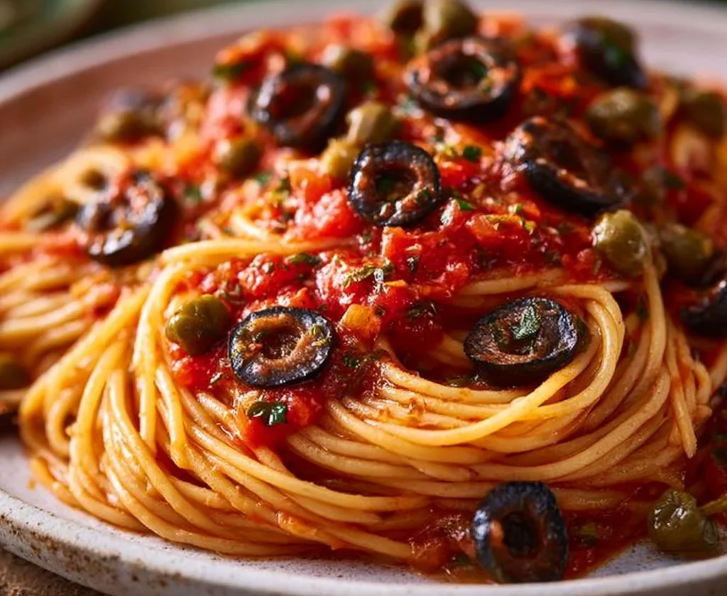Piatto di spaghetti alla puttanesca con pomodori, olive e capperi