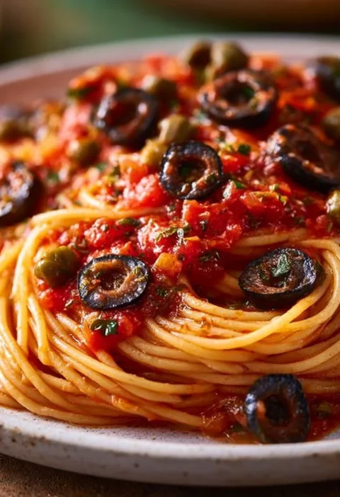 Piatto di spaghetti alla puttanesca con pomodori, olive e capperi