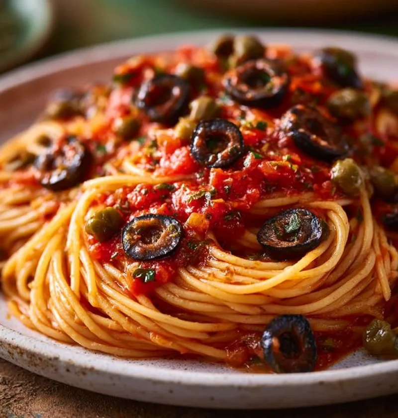 Piatto di spaghetti alla puttanesca con pomodori, olive e capperi