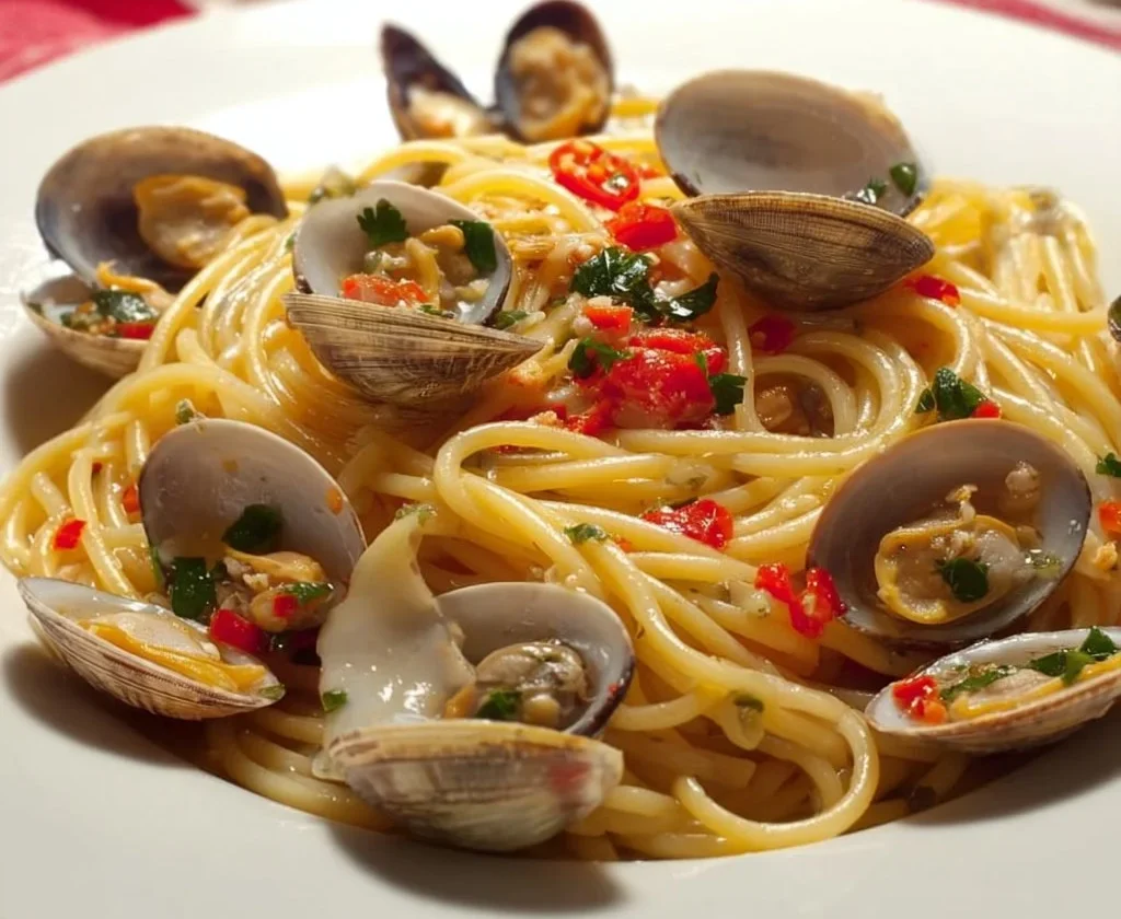 Piatto di spaghetti alle vongole con vongole fresche e prezzemolo.