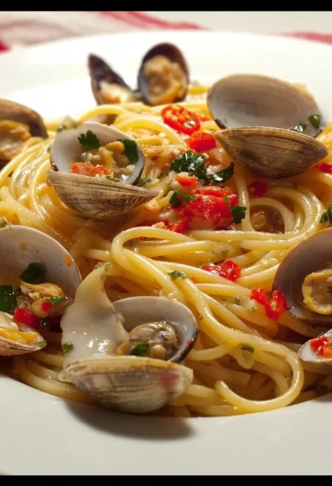 Piatto di spaghetti alle vongole con vongole fresche e prezzemolo.