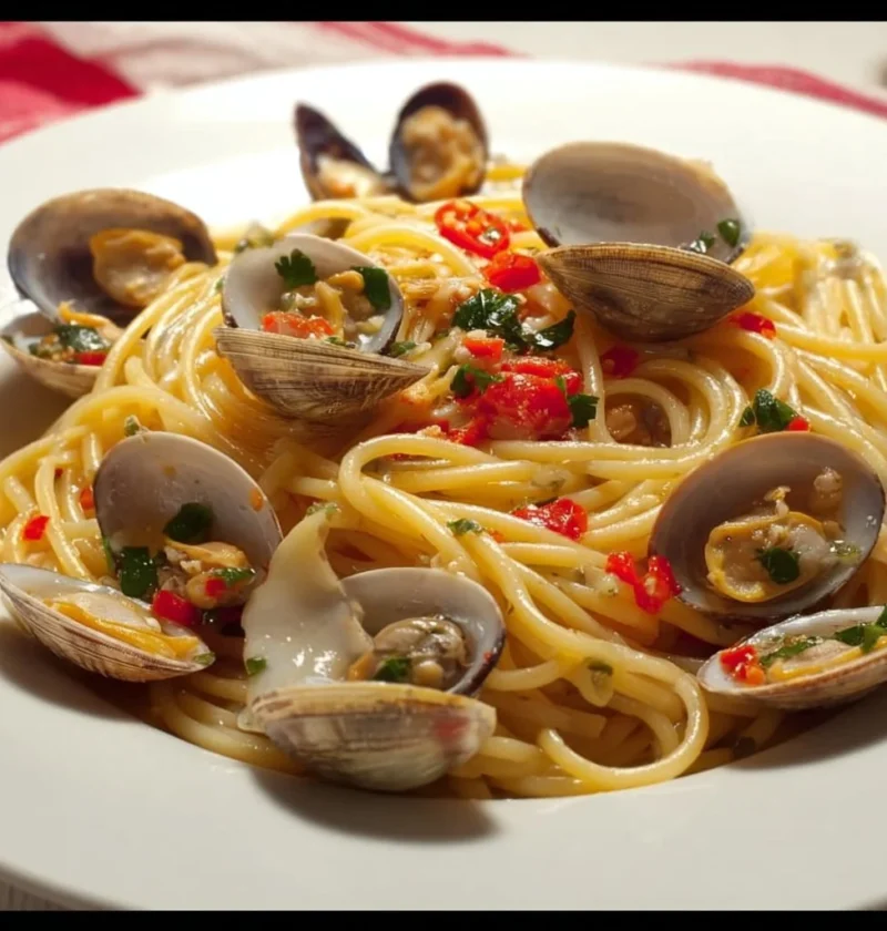 Piatto di spaghetti alle vongole con vongole fresche e prezzemolo.