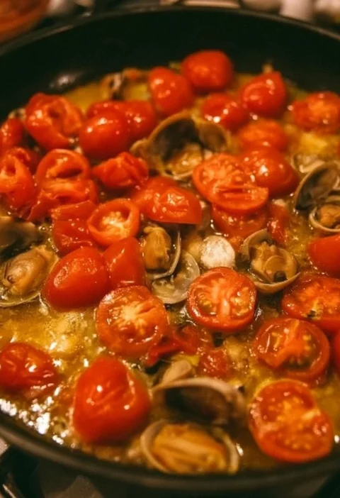 Piatto di spaghetti alle vongole con prezzemolo fresco e pomodorini