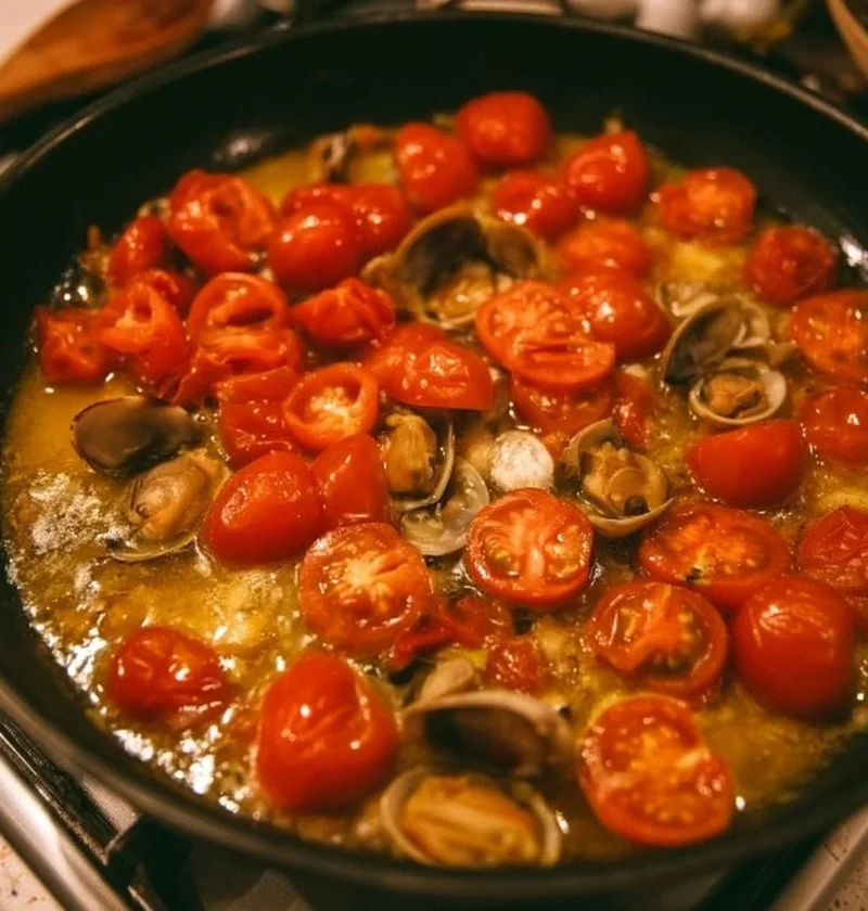 Piatto di spaghetti alle vongole con prezzemolo fresco e pomodorini