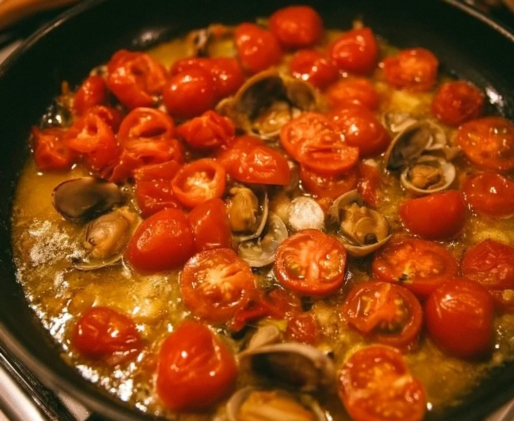 Piatto di spaghetti alle vongole con frutti di mare freschi e prezzemolo