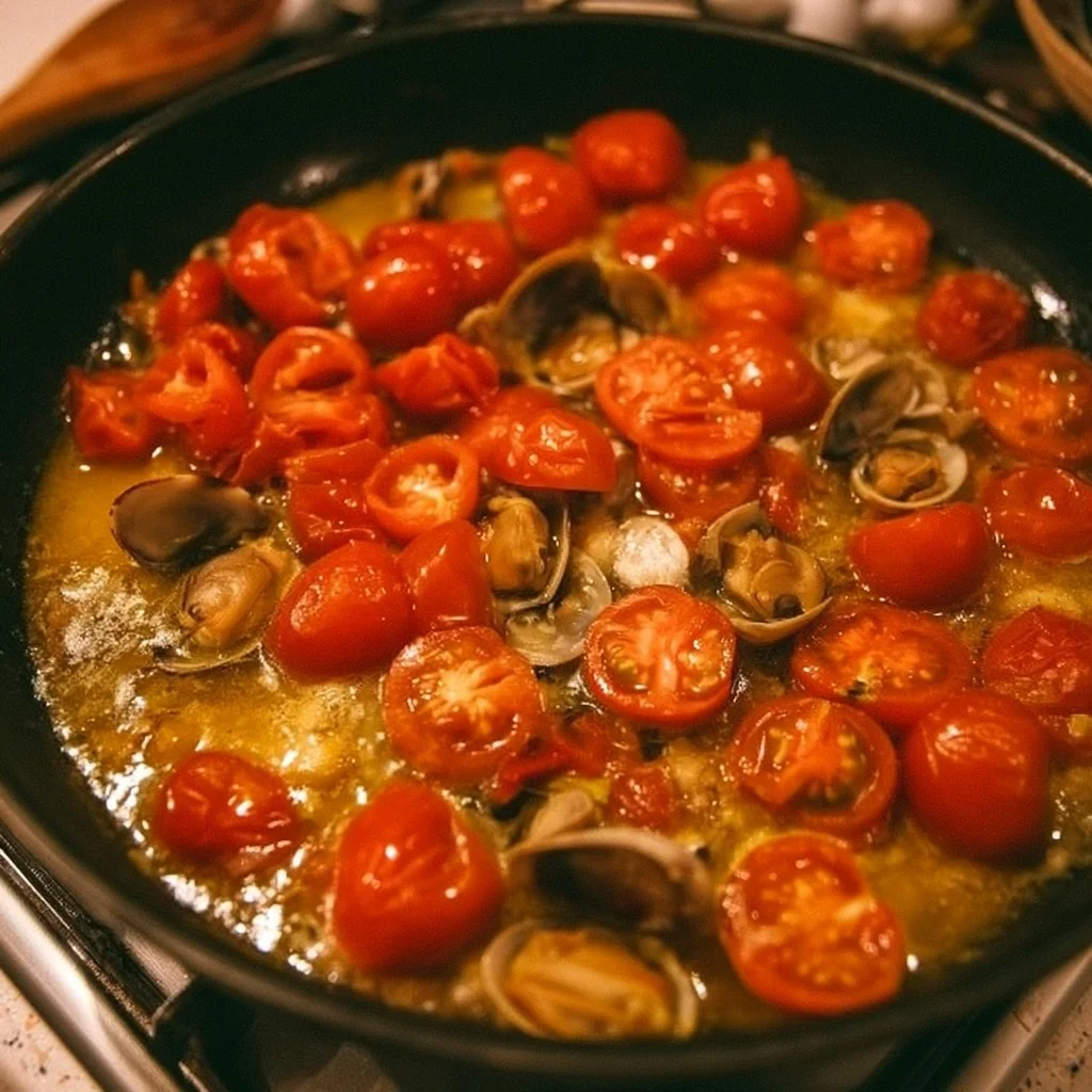 Piatto di spaghetti alle vongole con frutti di mare freschi e prezzemolo