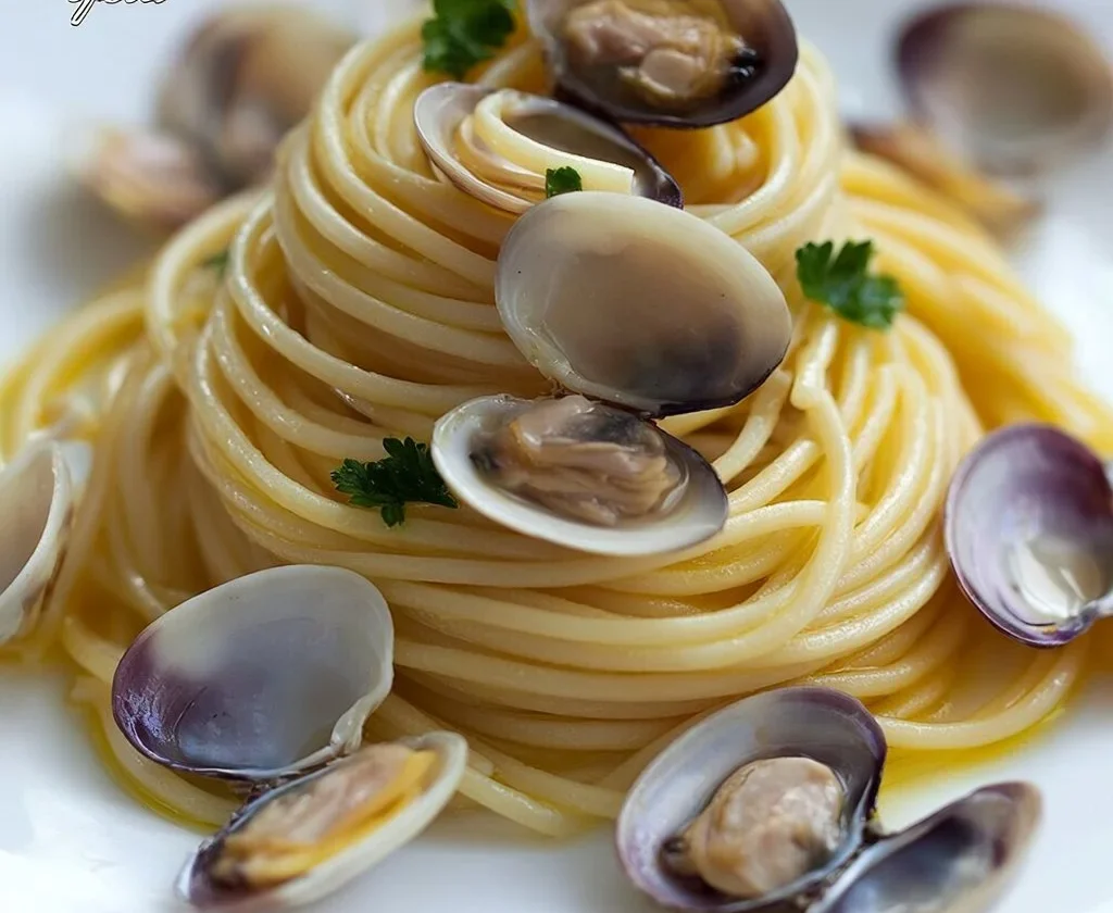 Piatto di Spaghetti alle Vongole con vongole fresche e prezzemolo