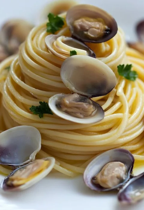 Piatto di Spaghetti alle Vongole con vongole fresche e prezzemolo