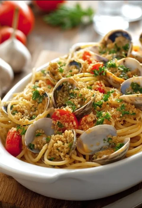 Spaghetti alle vongole con vongole fresche e salsa d'aglio