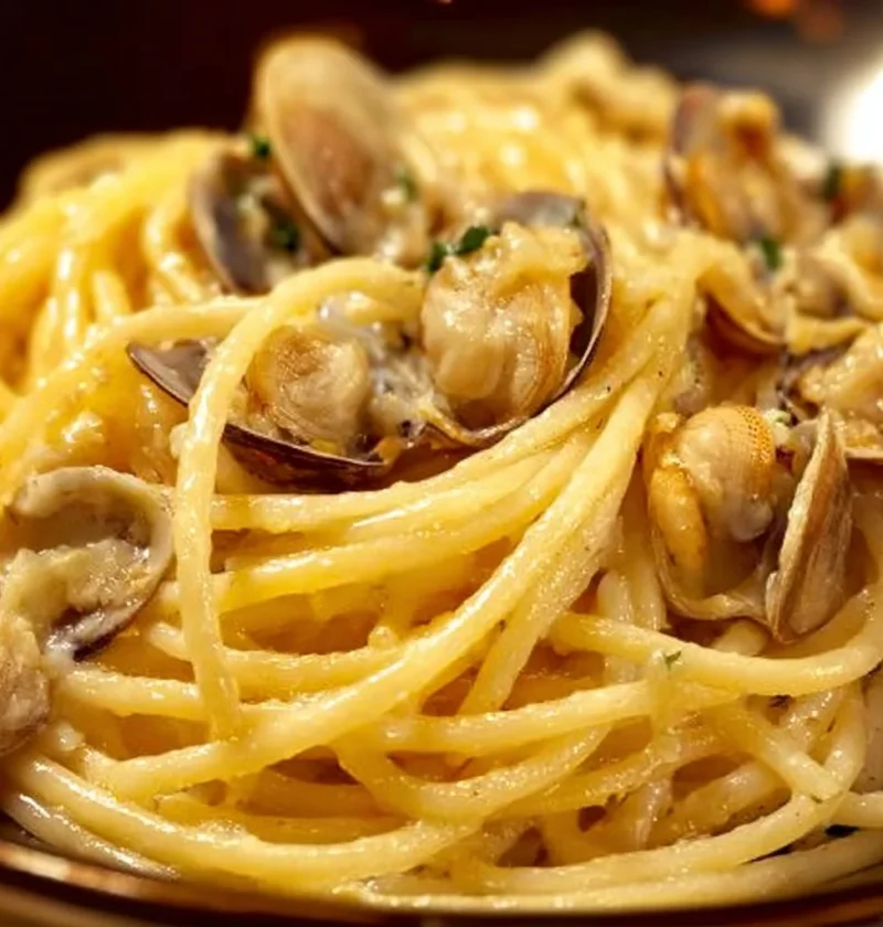 Piatto di spaghetti alle vongole con salsa e aromi freschi