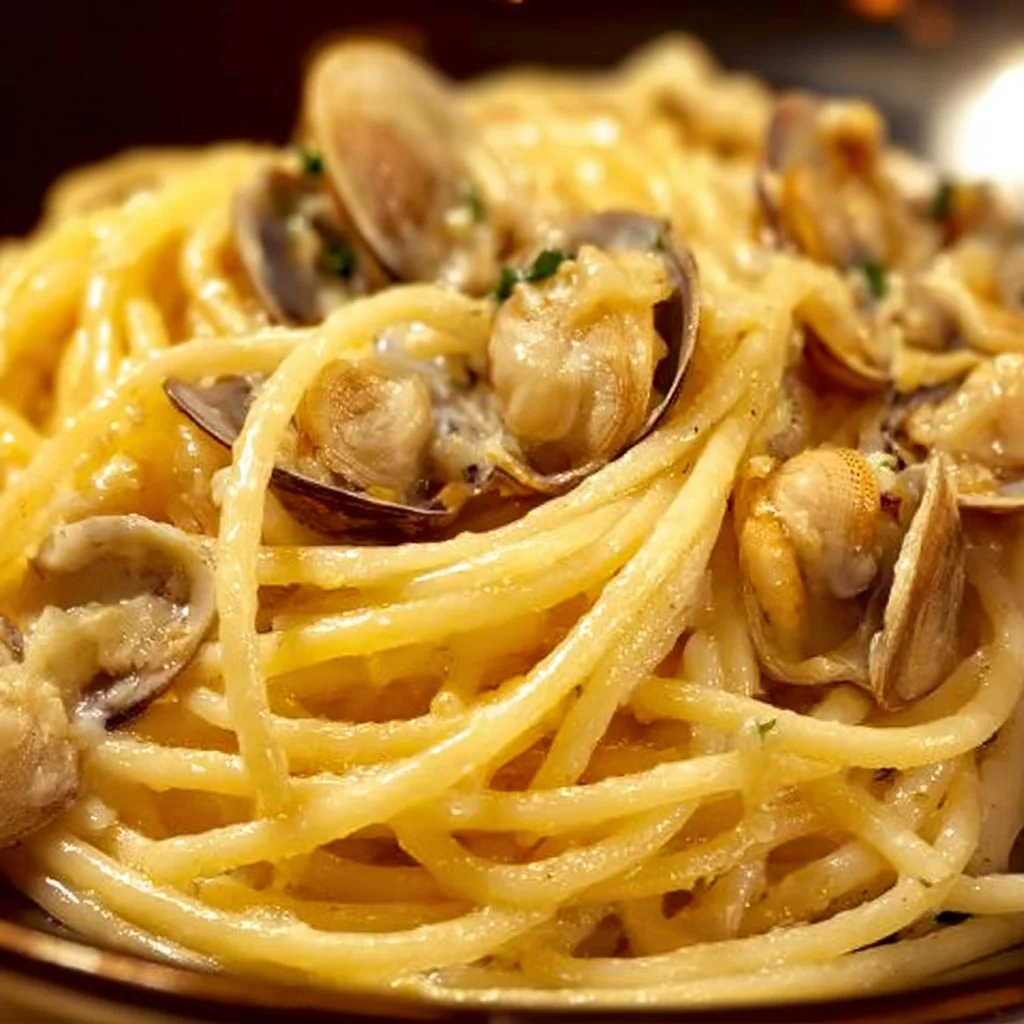 Piatto di spaghetti alle vongole con salsa e aromi freschi