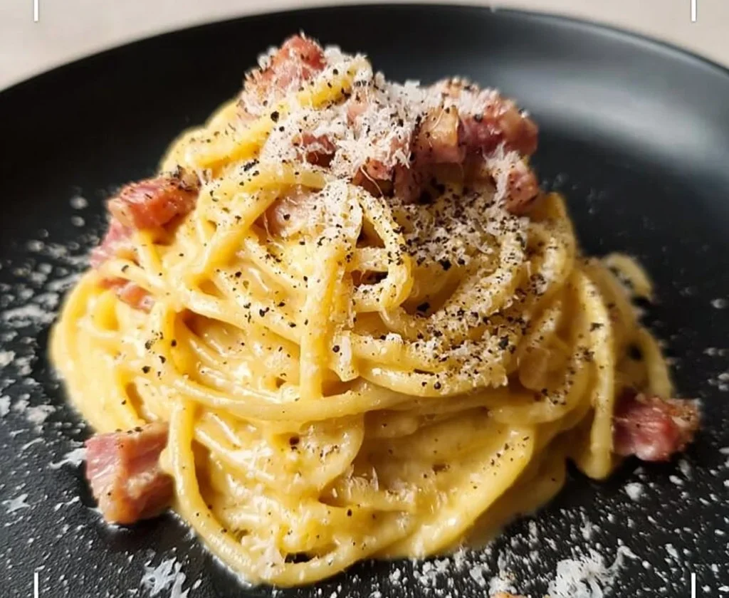 Piatti di Spaghetti Carbonara con guanciale e pecorino
