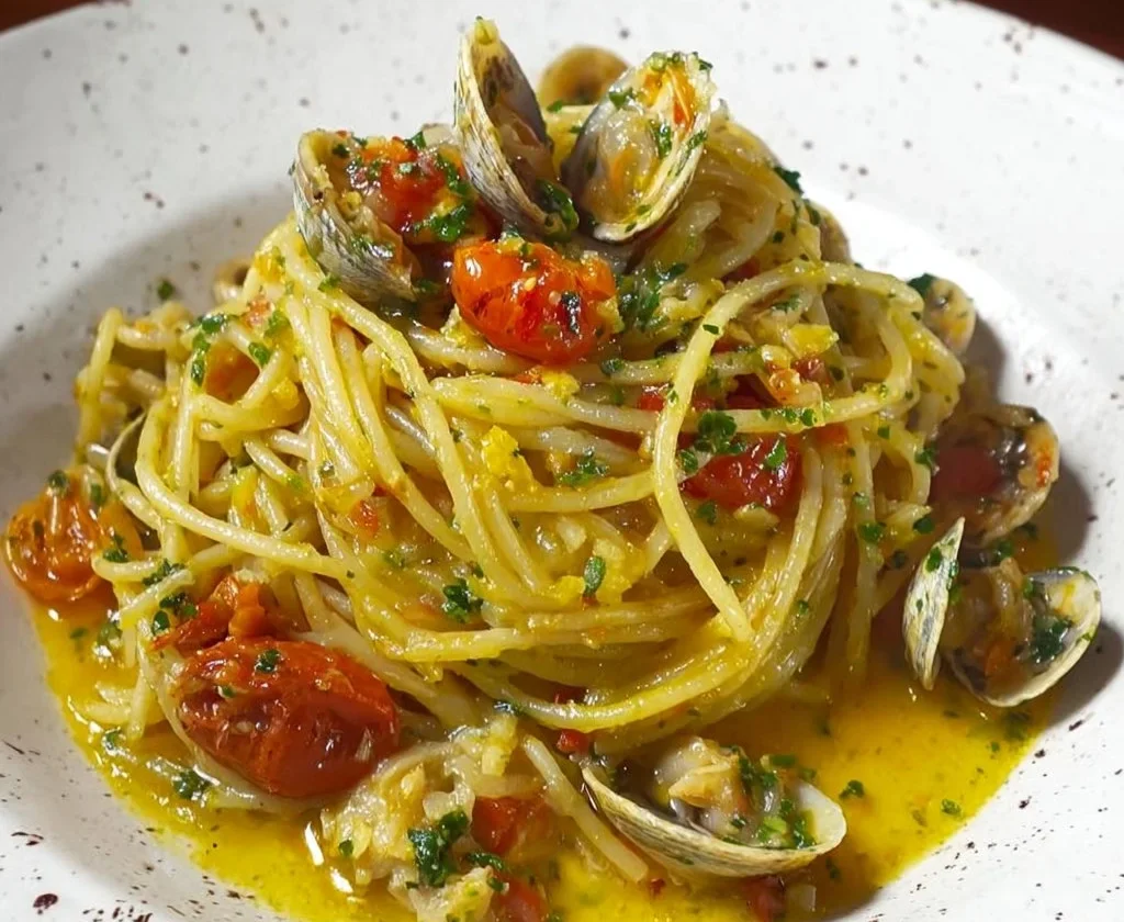 Spaghetti Vongole con cozze fresche e olio d'oliva