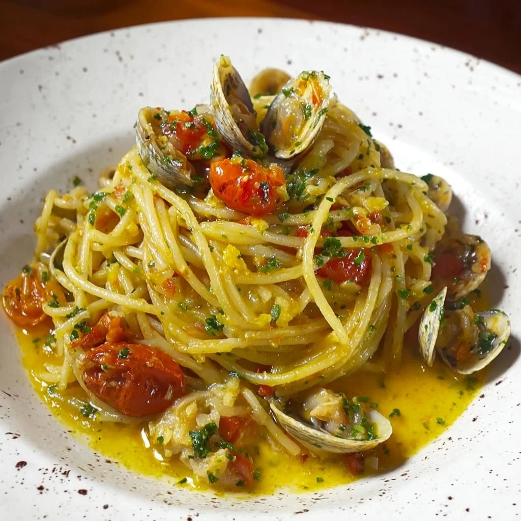 Spaghetti Vongole con cozze fresche e olio d'oliva