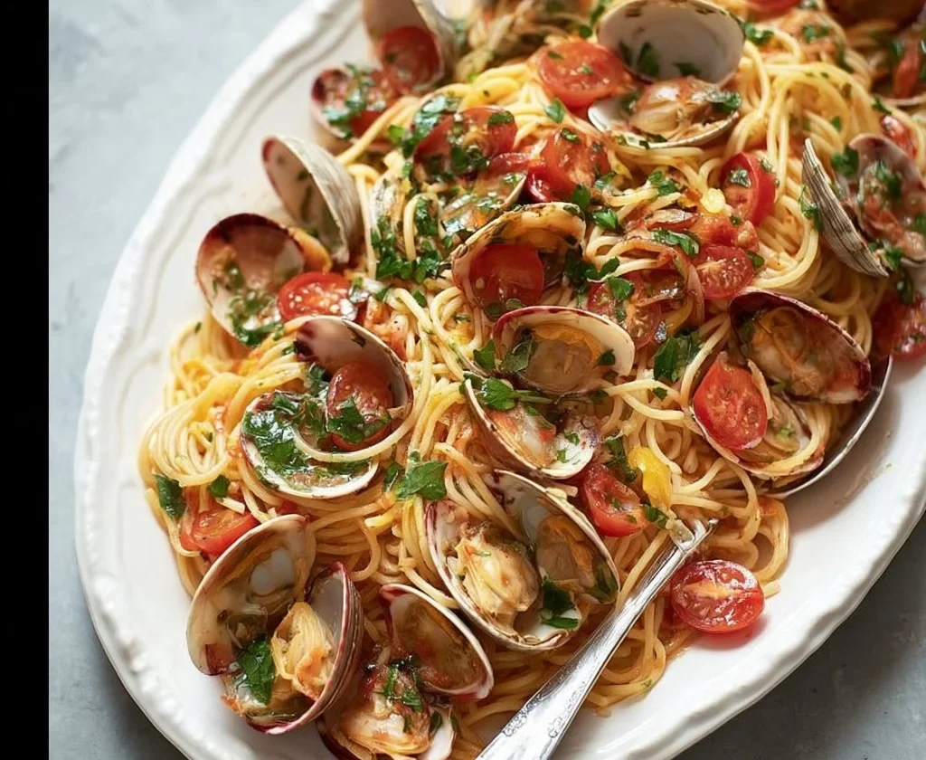 Piatto di spaghettini vongole con salsa di vongole fresche e prezzemolo.