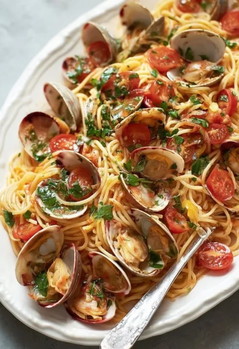 Piatto di spaghettini vongole con salsa di vongole fresche e prezzemolo.