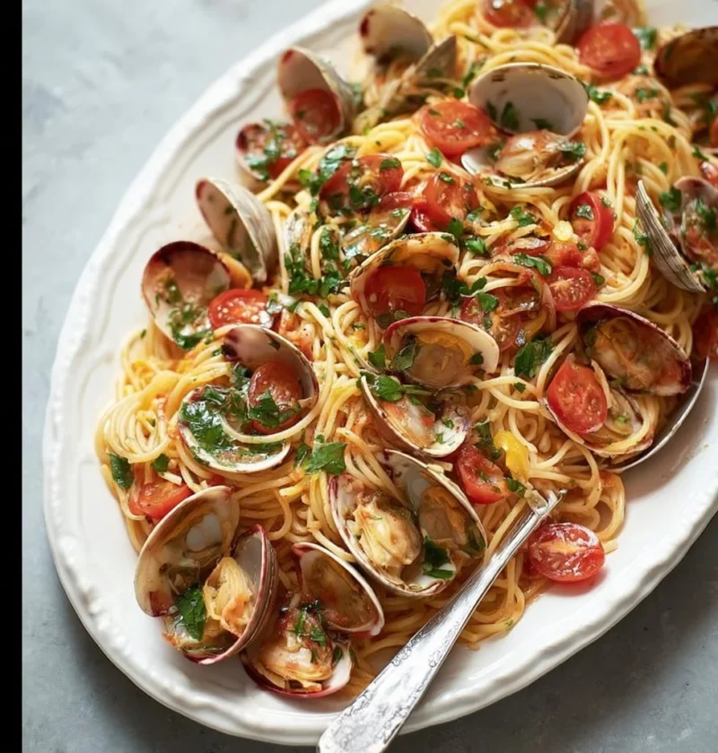 Piatto di spaghettini vongole con salsa di vongole fresche e prezzemolo.