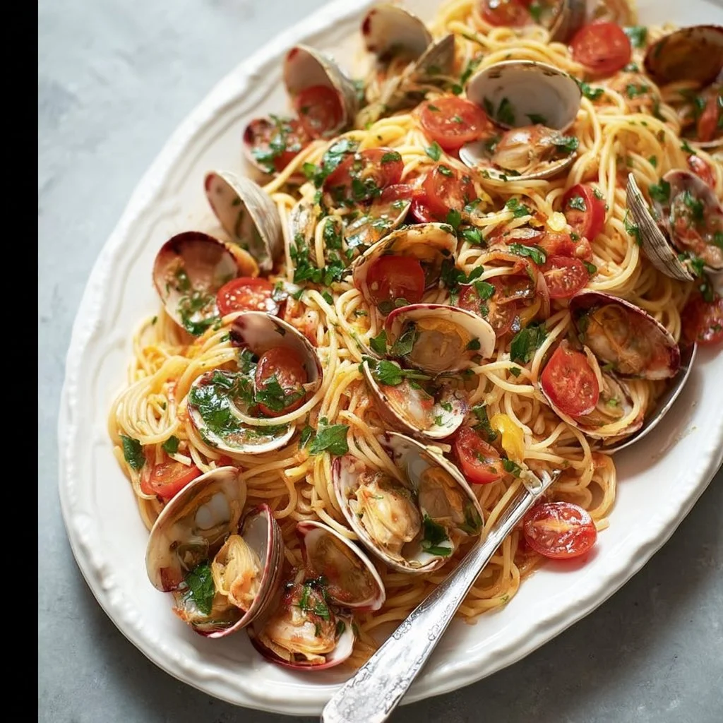 Piatto di spaghettini vongole con salsa di vongole fresche e prezzemolo.