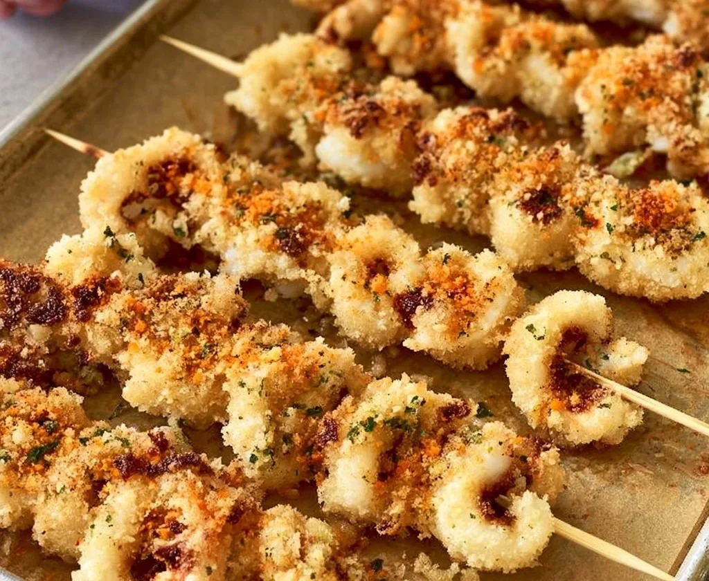 Spiedini di calamari e gamberi grigliati su un piatto decorato.